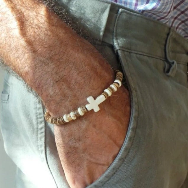 Coconut shell wood chips stone cross bracelet