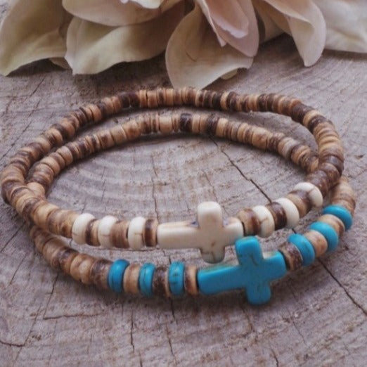 Coconut shell wood chips stone cross bracelet