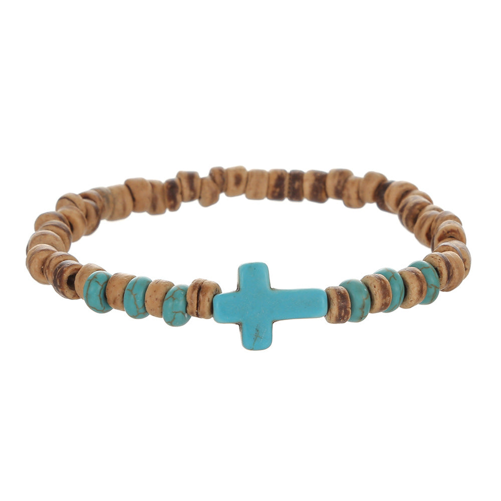 Coconut shell wood chips stone cross bracelet