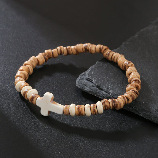 Coconut shell wood chips stone cross bracelet