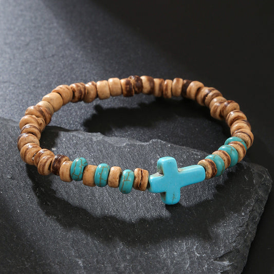 Coconut shell wood chips stone cross bracelet